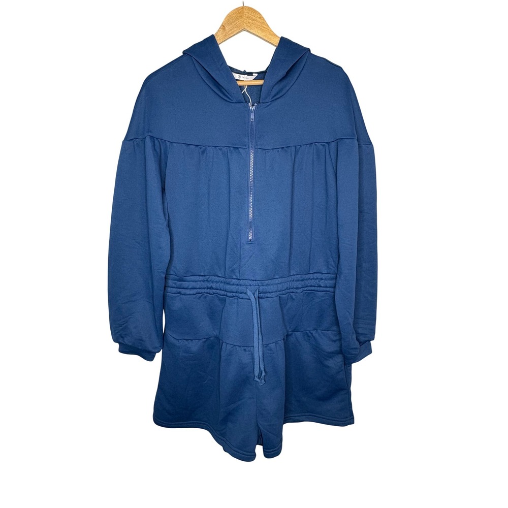 Cicy Bell Work Well Navy Blue Zipper Hooded Romper‎ Shorts Jumpsuit Size XL NWT